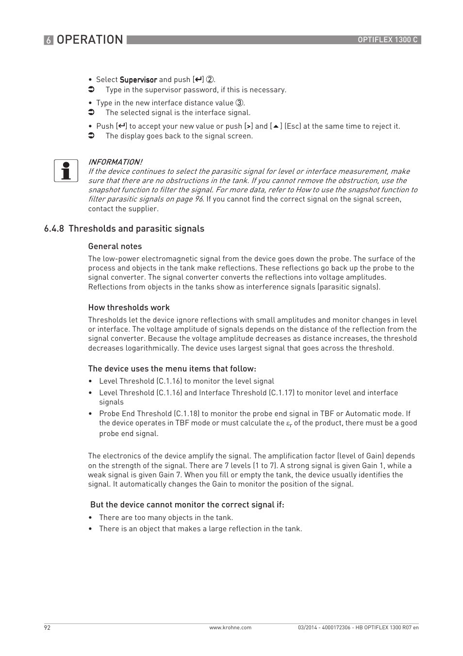 Operation, 8 thresholds and parasitic signals | KROHNE OPTIFLEX 1300C EN User Manual | Page 92 / 192