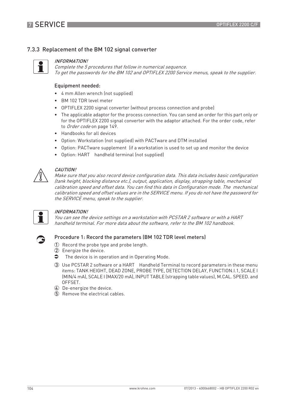 Service | KROHNE OPTIFLEX 2200 C_F EN User Manual | Page 104 / 164