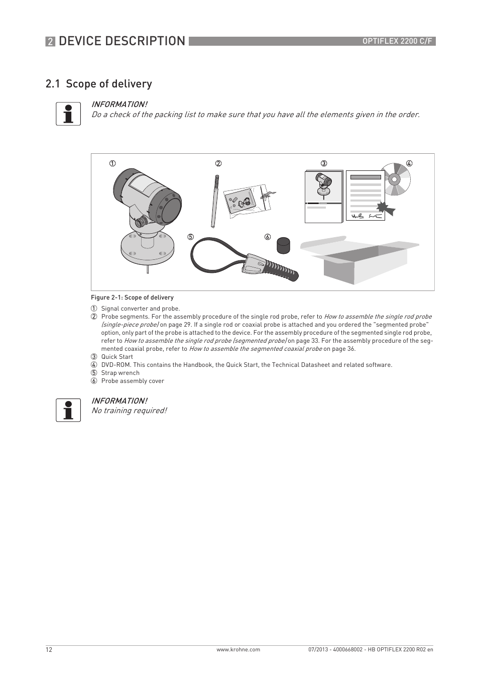 Device description, 1 scope of delivery | KROHNE OPTIFLEX 2200 C_F EN User Manual | Page 12 / 164