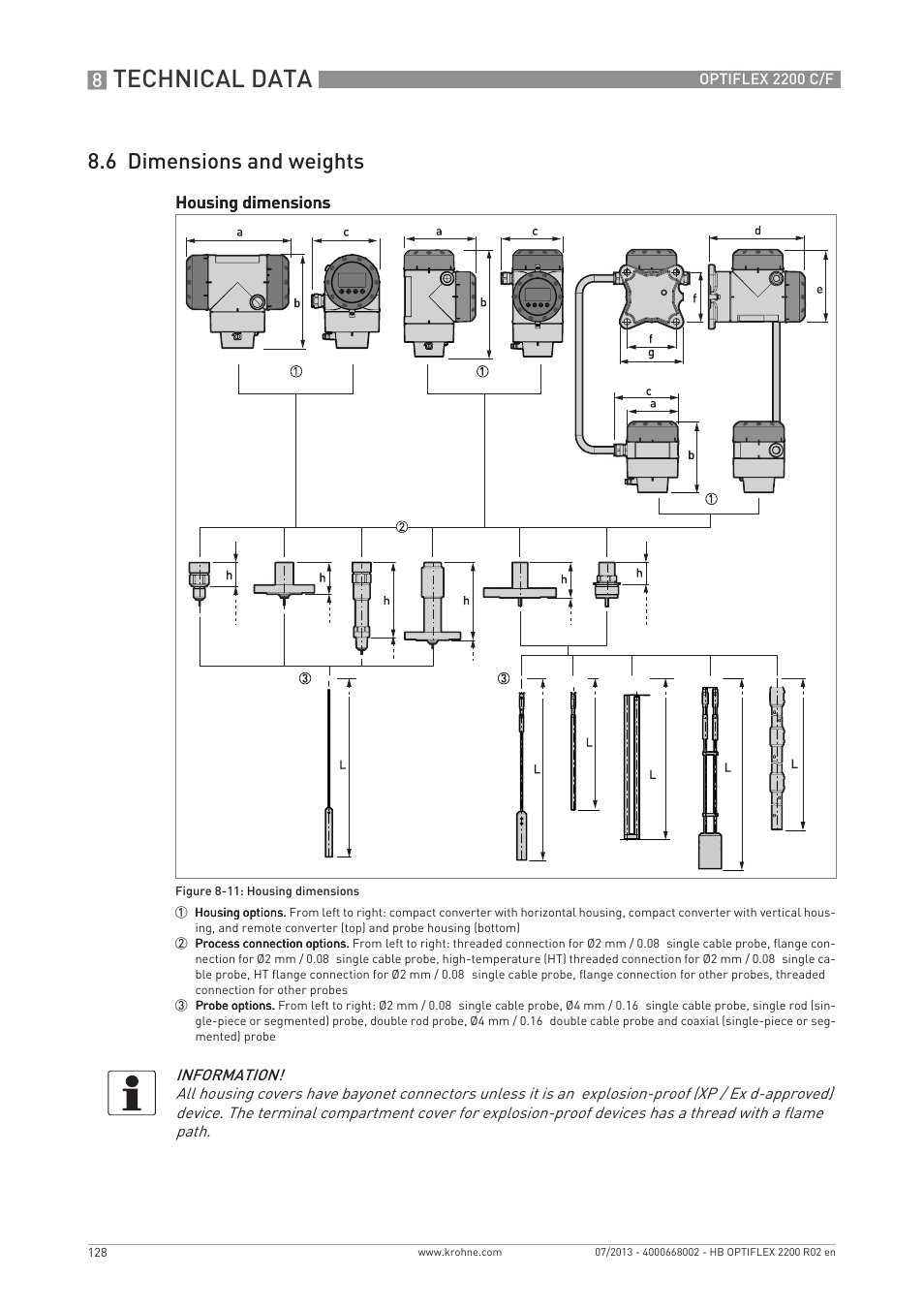 Technical data, 6 dimensions and weights | KROHNE OPTIFLEX 2200 C_F EN User Manual | Page 128 / 164