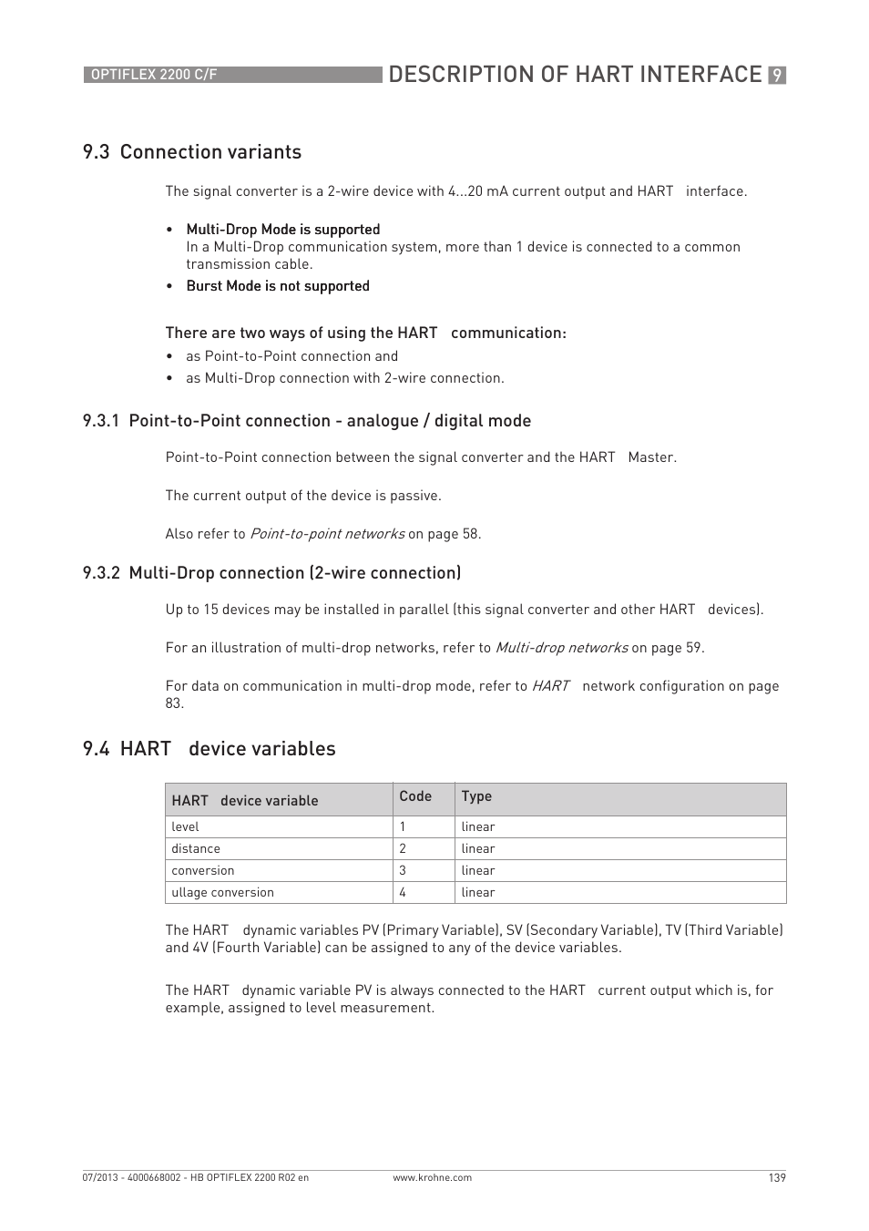 Description of hart interface, 3 connection variants, 4 hart | Device variables, 2 multi-drop connection (2-wire connection) | KROHNE OPTIFLEX 2200 C_F EN User Manual | Page 139 / 164