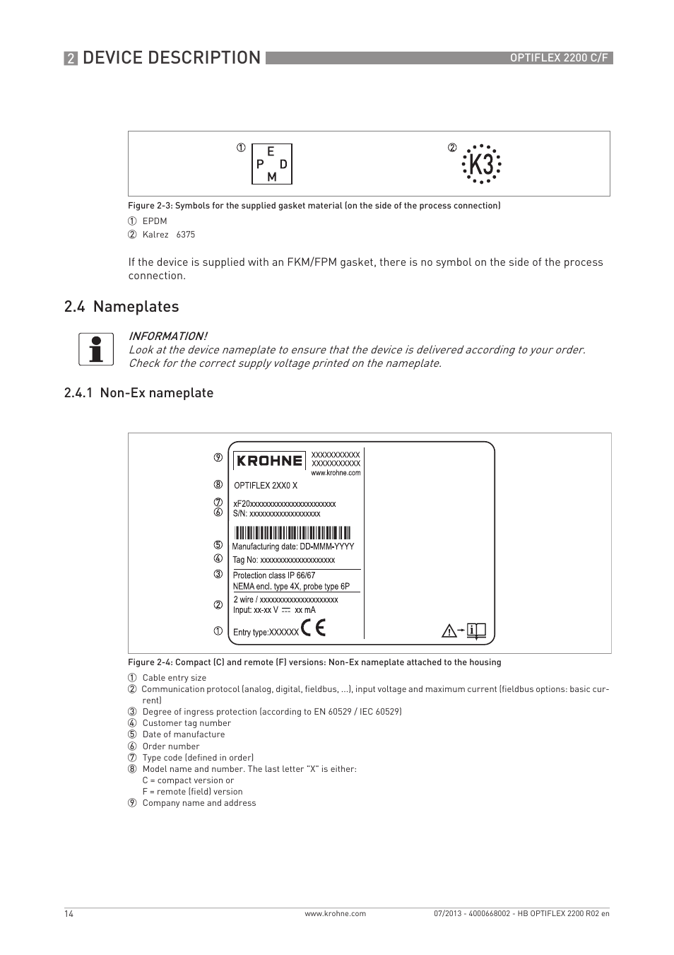 Device description, 4 nameplates, 1 non-ex nameplate | KROHNE OPTIFLEX 2200 C_F EN User Manual | Page 14 / 164