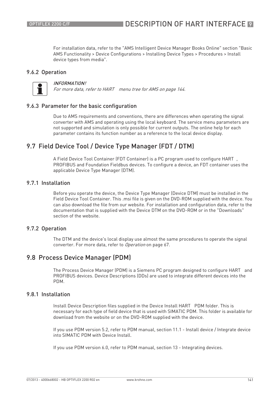 Description of hart interface, 8 process device manager (pdm) | KROHNE OPTIFLEX 2200 C_F EN User Manual | Page 141 / 164