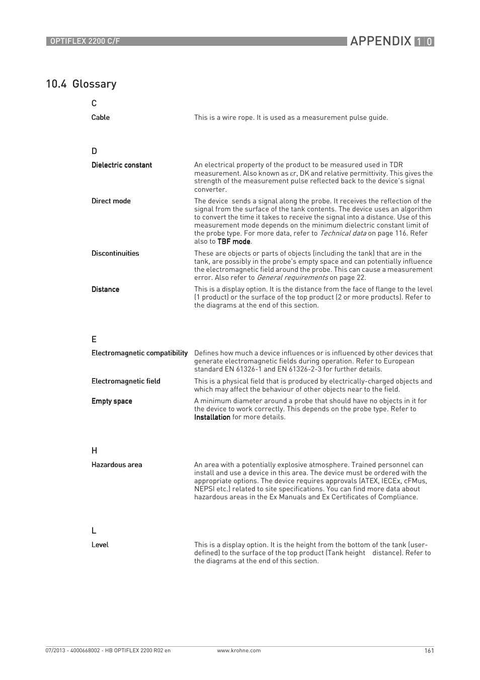 Appendix, 4 glossary | KROHNE OPTIFLEX 2200 C_F EN User Manual | Page 161 / 164