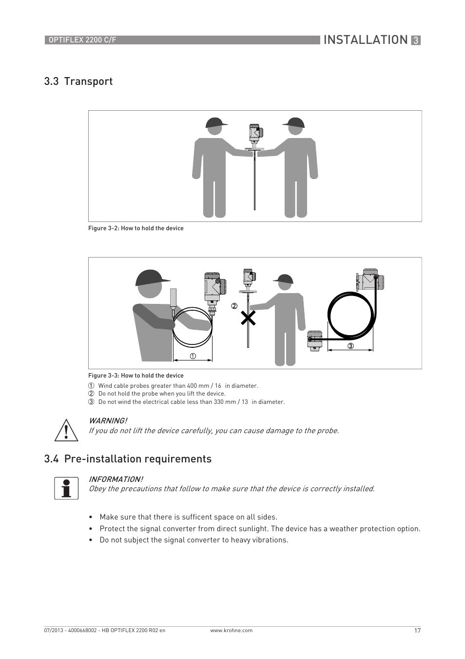 Installation, 3 transport 3.4 pre-installation requirements | KROHNE OPTIFLEX 2200 C_F EN User Manual | Page 17 / 164