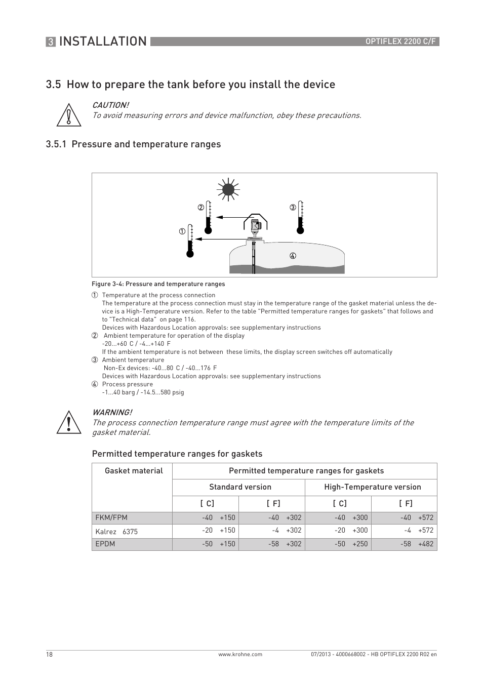 Installation, 1 pressure and temperature ranges | KROHNE OPTIFLEX 2200 C_F EN User Manual | Page 18 / 164