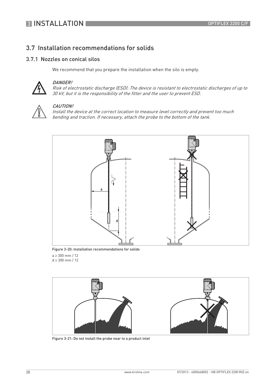 Installation, 7 installation recommendations for solids | KROHNE OPTIFLEX 2200 C_F EN User Manual | Page 28 / 164