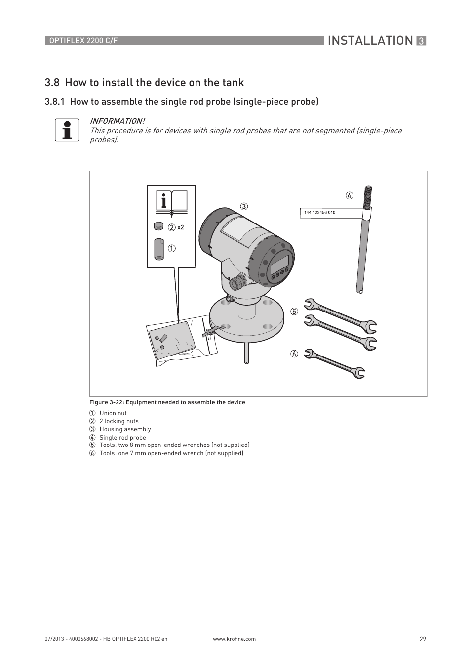 Installation, 8 how to install the device on the tank | KROHNE OPTIFLEX 2200 C_F EN User Manual | Page 29 / 164