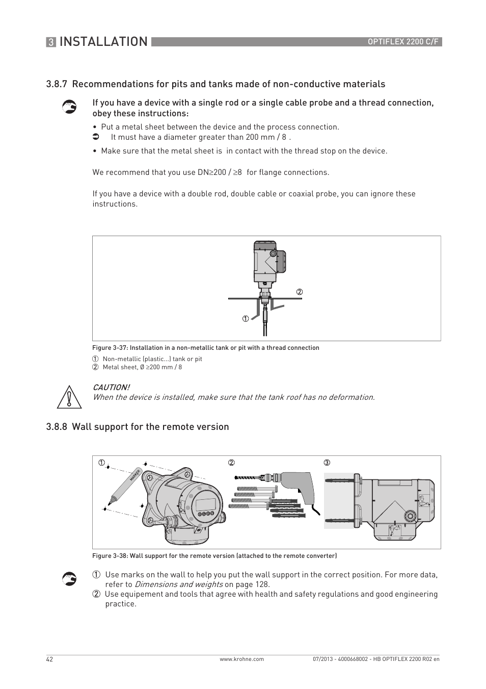 Installation, 8 wall support for the remote version | KROHNE OPTIFLEX 2200 C_F EN User Manual | Page 42 / 164