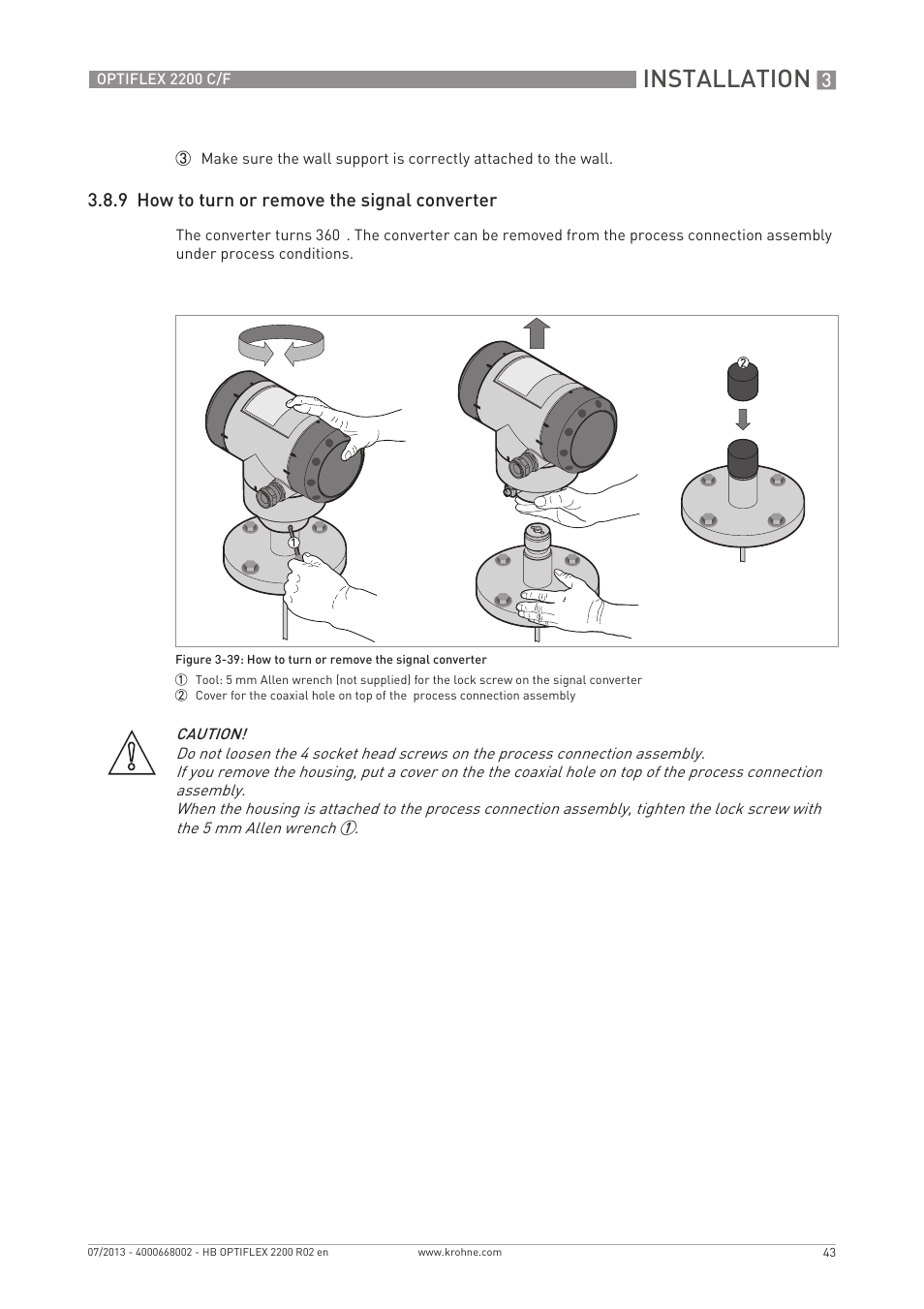 Installation, 9 how to turn or remove the signal converter | KROHNE OPTIFLEX 2200 C_F EN User Manual | Page 43 / 164