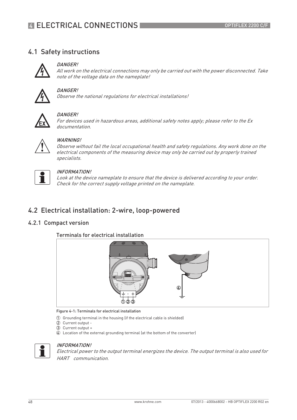 Electrical connections | KROHNE OPTIFLEX 2200 C_F EN User Manual | Page 48 / 164