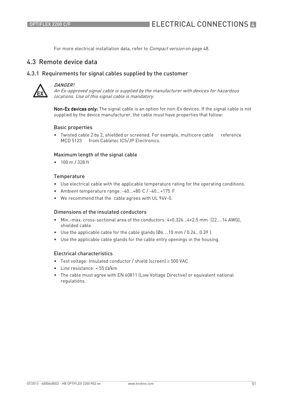 Electrical connections, 3 remote device data | KROHNE OPTIFLEX 2200 C_F EN User Manual | Page 51 / 164