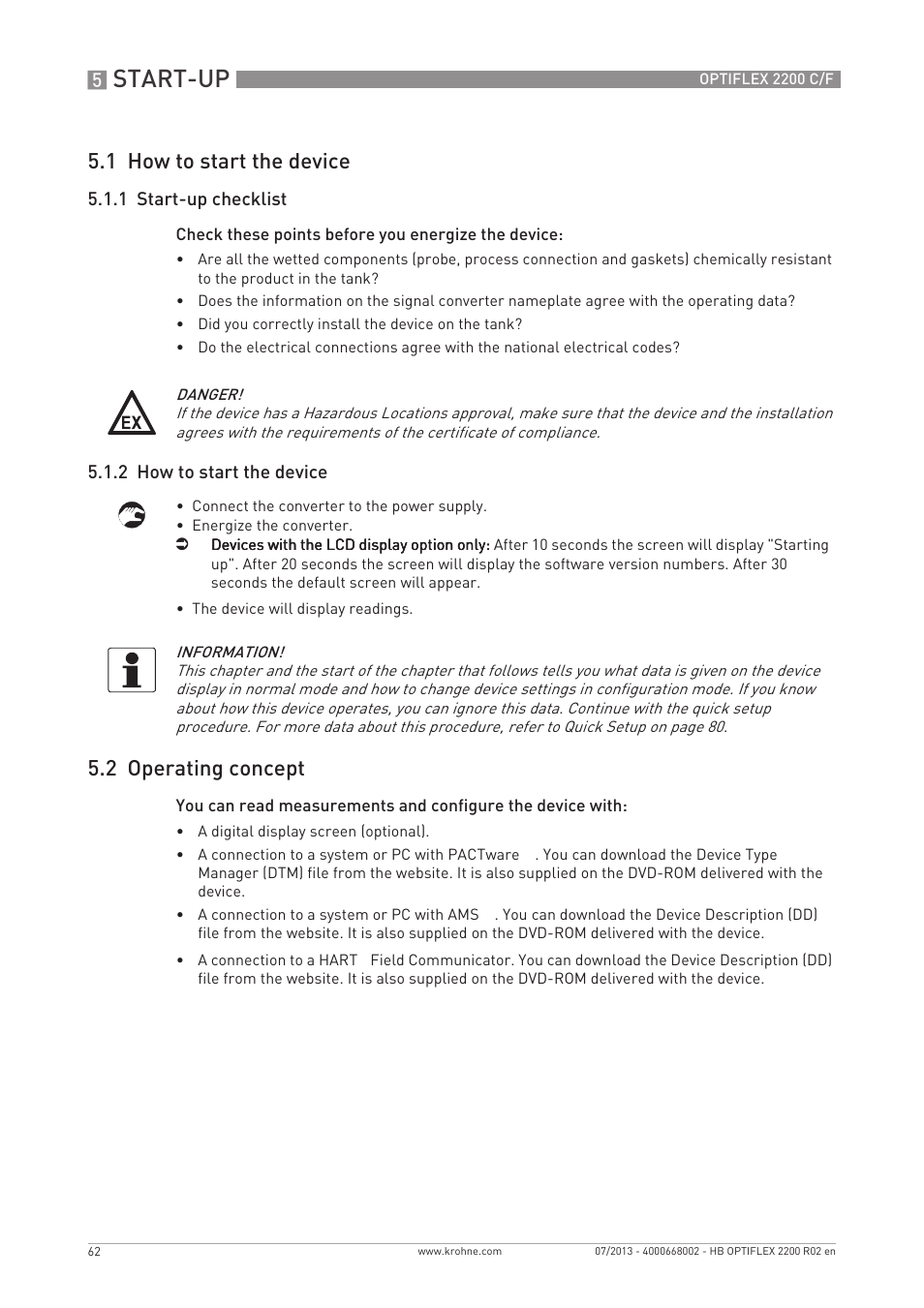 Start-up, 1 how to start the device, 2 operating concept | KROHNE OPTIFLEX 2200 C_F EN User Manual | Page 62 / 164