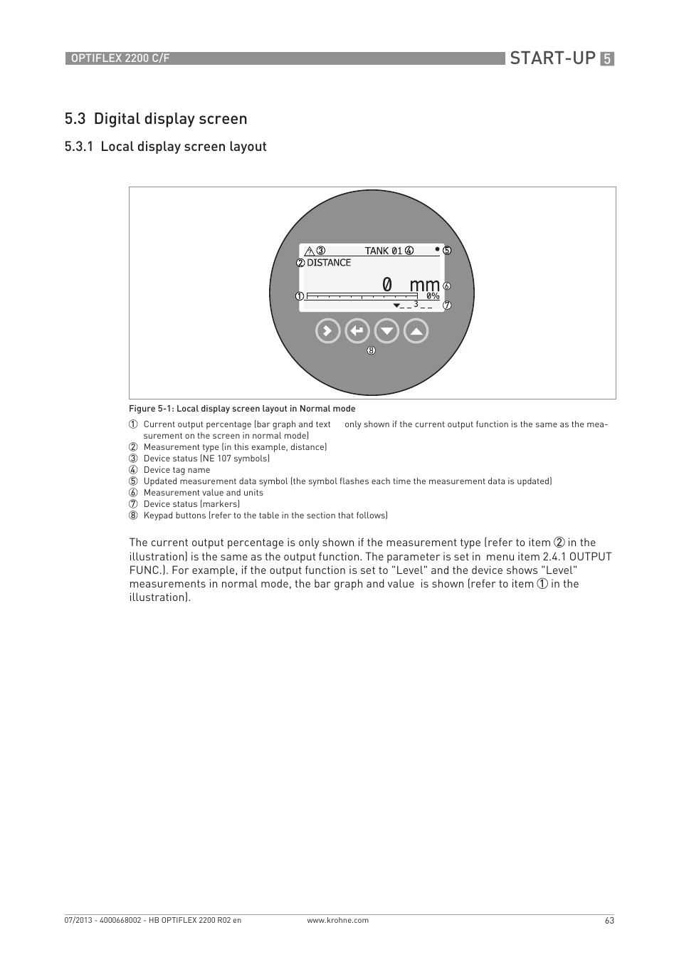 Start-up, 3 digital display screen, 1 local display screen layout | KROHNE OPTIFLEX 2200 C_F EN User Manual | Page 63 / 164