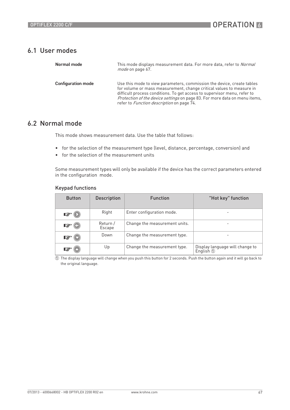 Operation, 1 user modes 6.2 normal mode | KROHNE OPTIFLEX 2200 C_F EN User Manual | Page 67 / 164