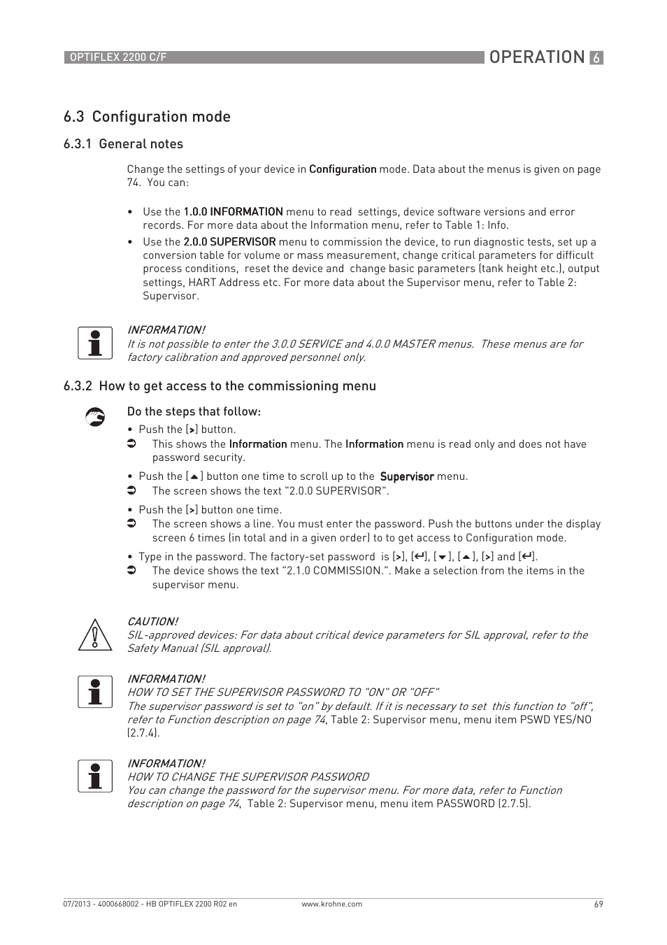 Operation, 3 configuration mode, 2 how to get access to the commissioning menu | KROHNE OPTIFLEX 2200 C_F EN User Manual | Page 69 / 164