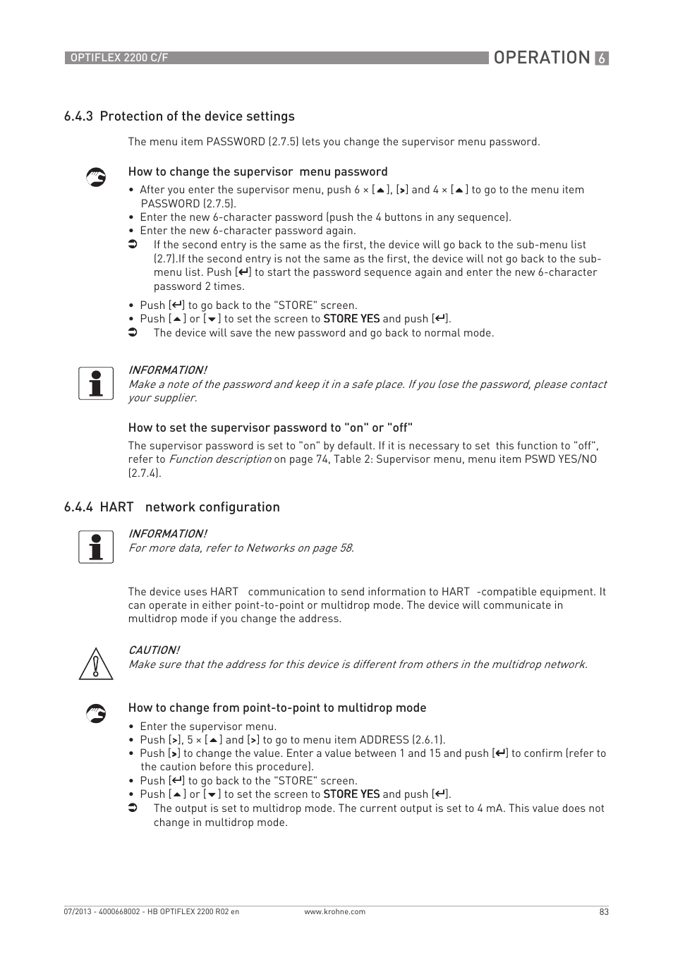 Operation, 3 protection of the device settings, 4 hart | Network configuration | KROHNE OPTIFLEX 2200 C_F EN User Manual | Page 83 / 164