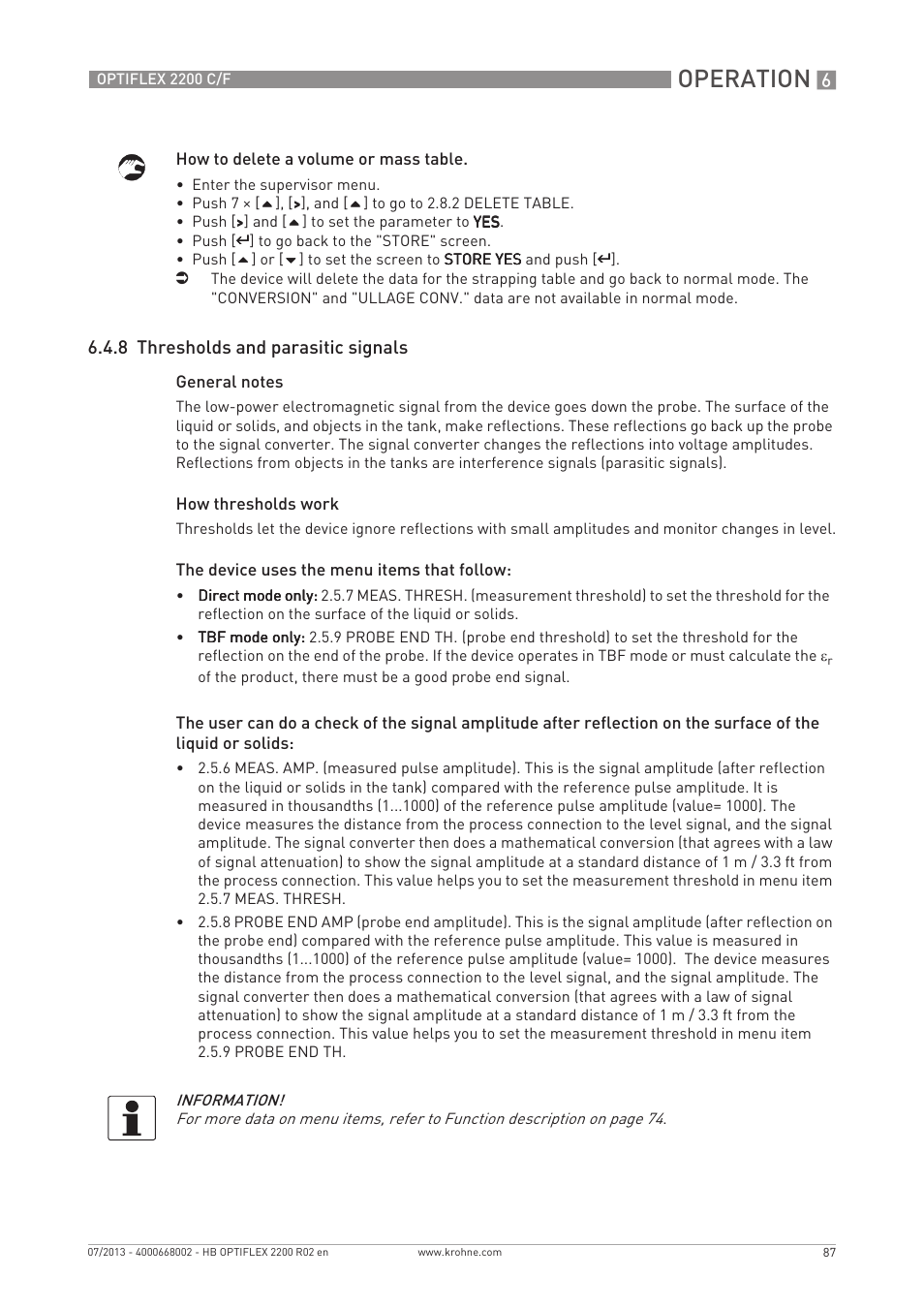 Operation, 8 thresholds and parasitic signals | KROHNE OPTIFLEX 2200 C_F EN User Manual | Page 87 / 164