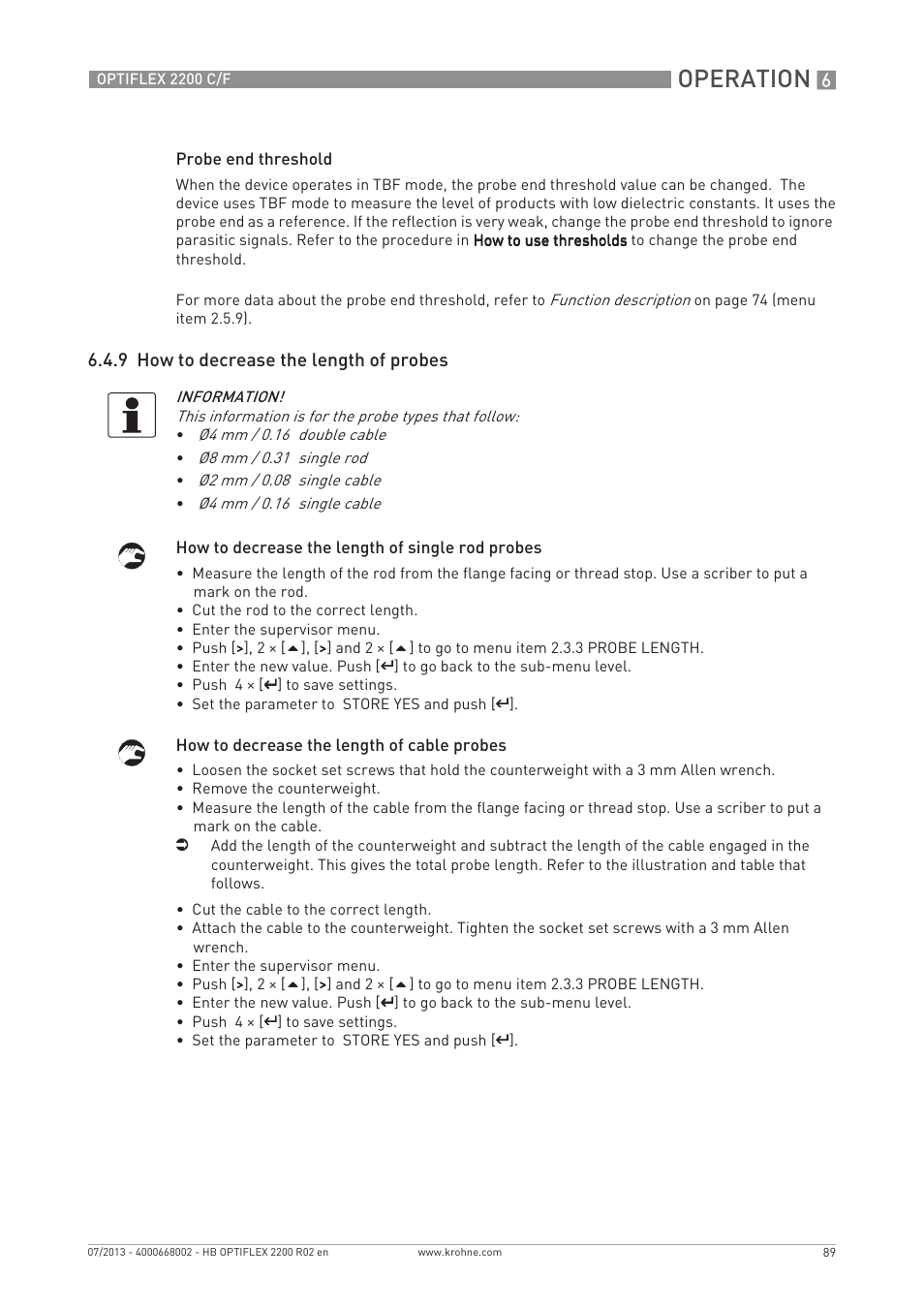 Operation, 9 how to decrease the length of probes | KROHNE OPTIFLEX 2200 C_F EN User Manual | Page 89 / 164