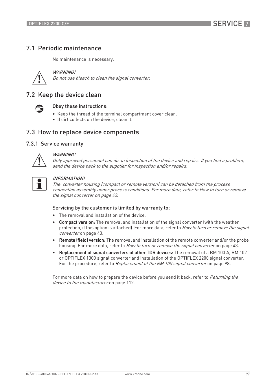 Service, 1 periodic maintenance, 2 keep the device clean | 3 how to replace device components | KROHNE OPTIFLEX 2200 C_F EN User Manual | Page 97 / 164