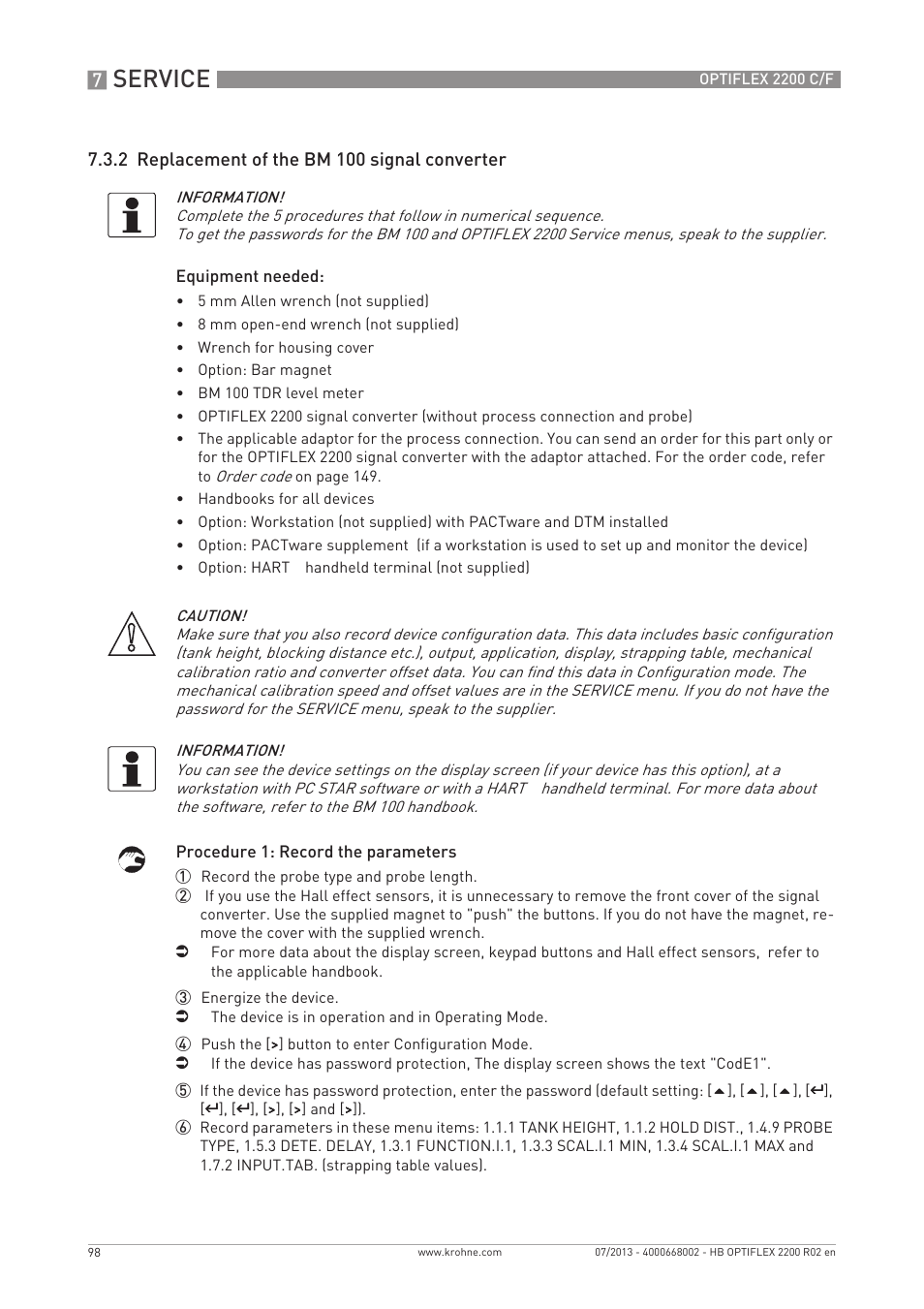 Service, 2 replacement of the bm 100 signal converter | KROHNE OPTIFLEX 2200 C_F EN User Manual | Page 98 / 164