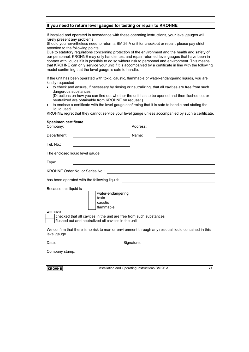 KROHNE BM 26 A EN User Manual | Page 71 / 71