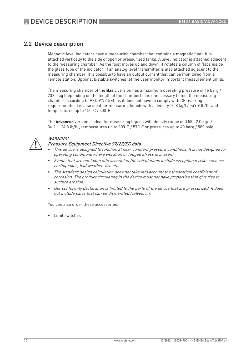 Device description, 2 device description | KROHNE BM 26 BASIC_ADVANCED EN User Manual | Page 10 / 96