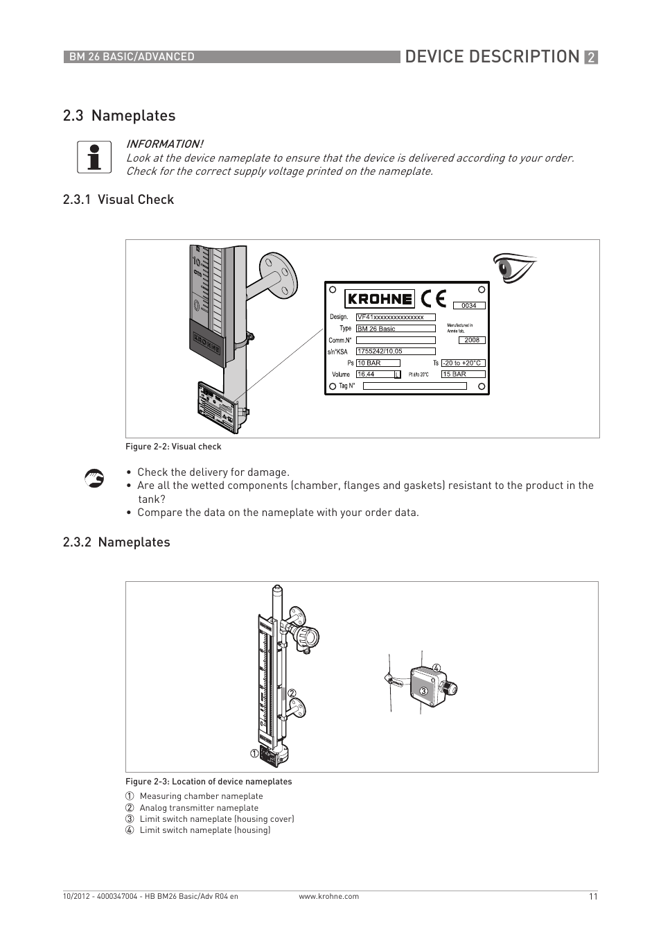 Device description, 3 nameplates | KROHNE BM 26 BASIC_ADVANCED EN User Manual | Page 11 / 96