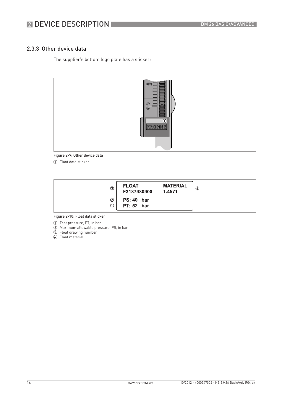 Device description, 3 other device data | KROHNE BM 26 BASIC_ADVANCED EN User Manual | Page 14 / 96