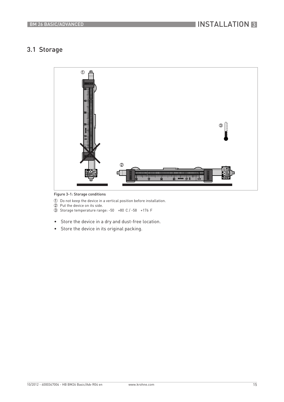 Installation, 1 storage | KROHNE BM 26 BASIC_ADVANCED EN User Manual | Page 15 / 96