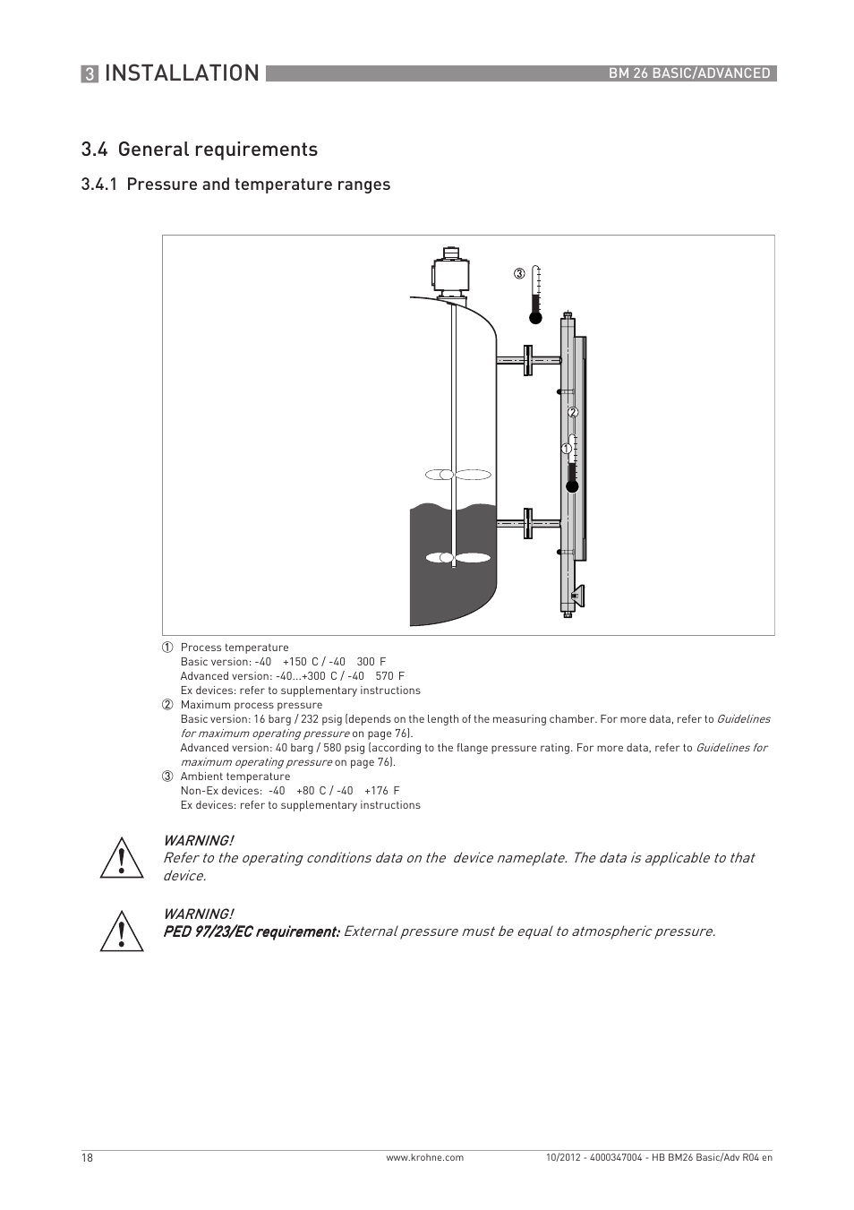 Installation, 4 general requirements, 1 pressure and temperature ranges | KROHNE BM 26 BASIC_ADVANCED EN User Manual | Page 18 / 96