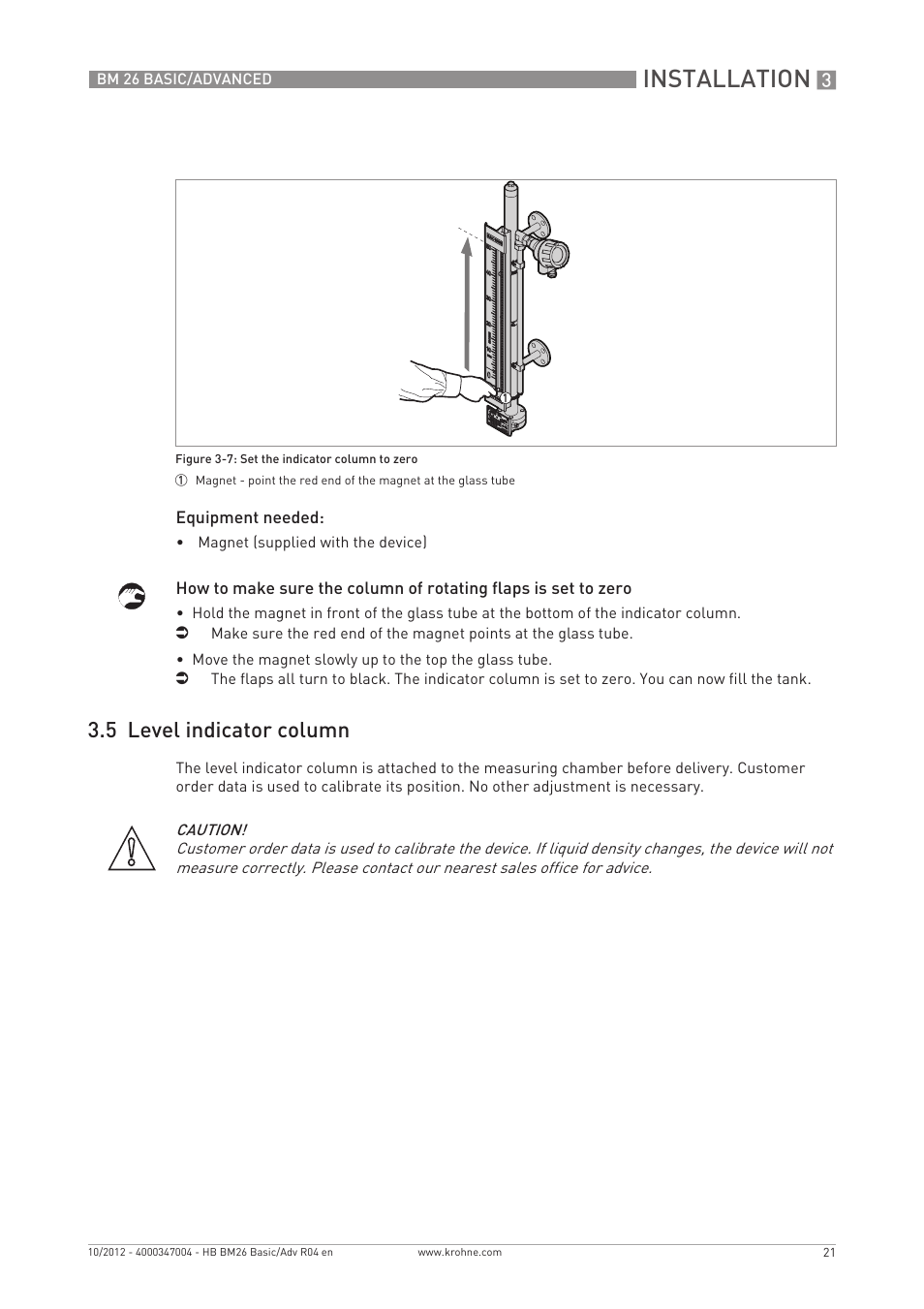 Installation, 5 level indicator column | KROHNE BM 26 BASIC_ADVANCED EN User Manual | Page 21 / 96