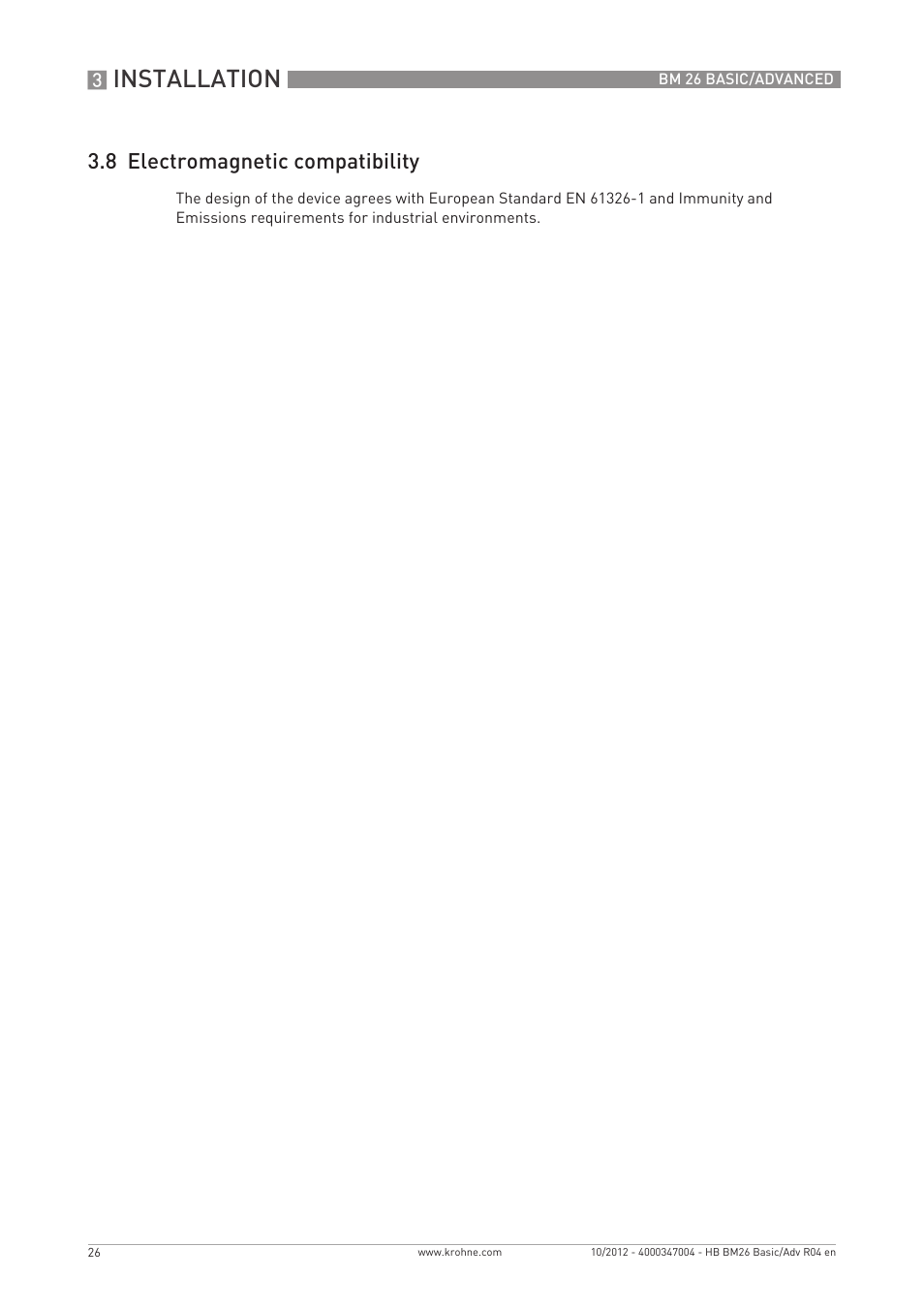Installation, 8 electromagnetic compatibility | KROHNE BM 26 BASIC_ADVANCED EN User Manual | Page 26 / 96