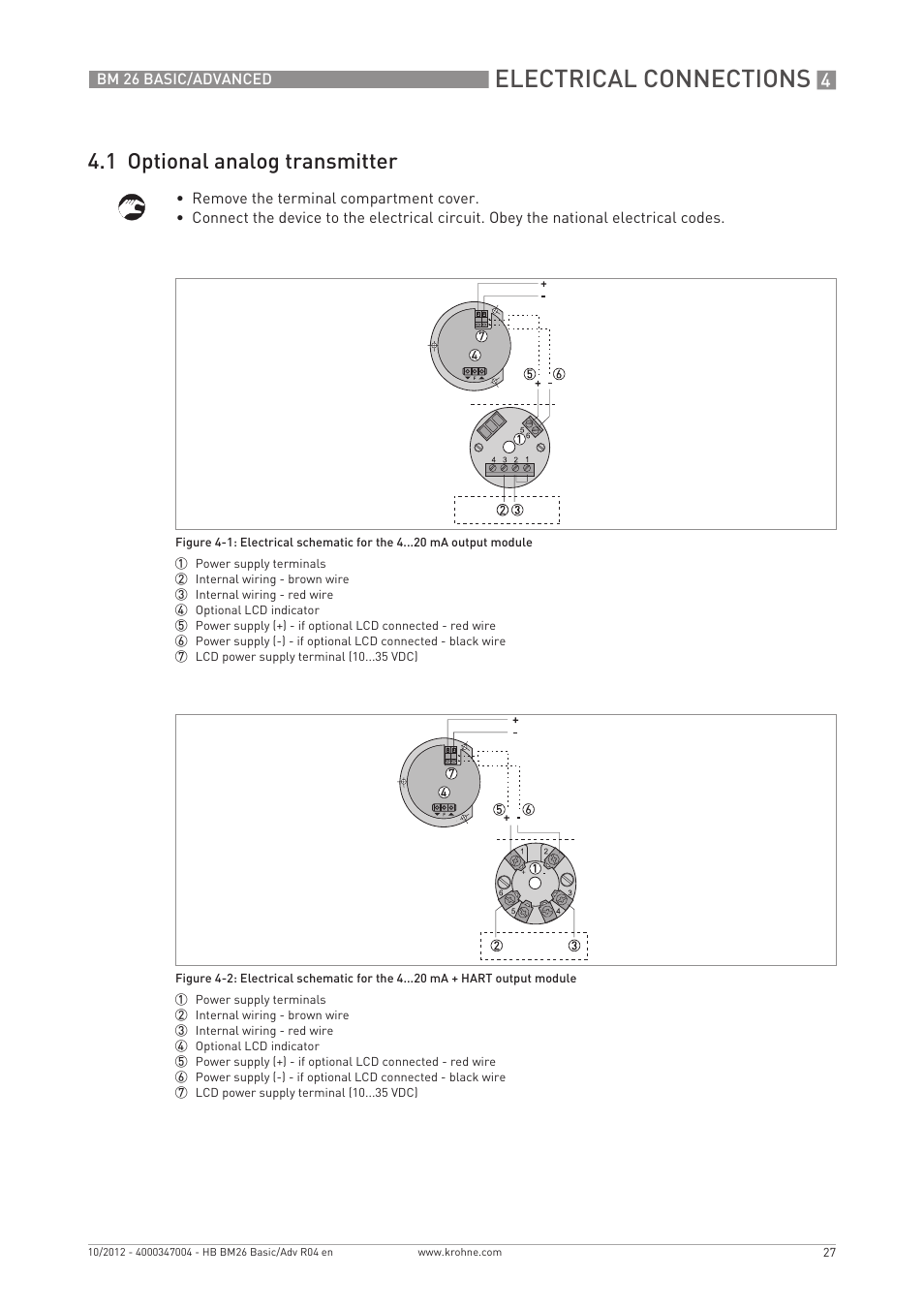 Electrical connections, 1 optional analog transmitter | KROHNE BM 26 BASIC_ADVANCED EN User Manual | Page 27 / 96