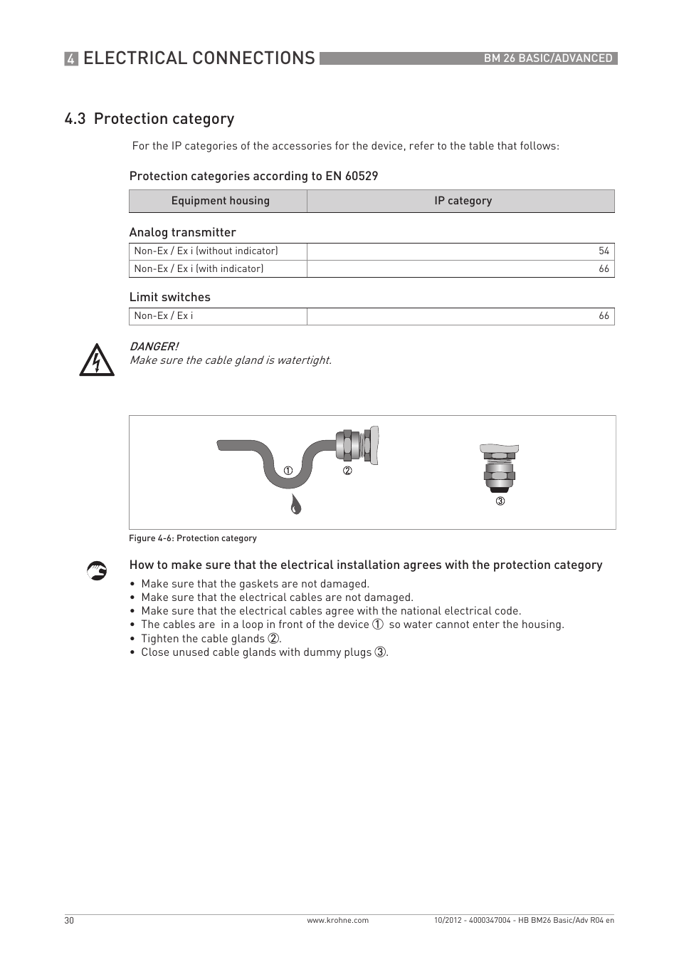 Electrical connections, 3 protection category | KROHNE BM 26 BASIC_ADVANCED EN User Manual | Page 30 / 96