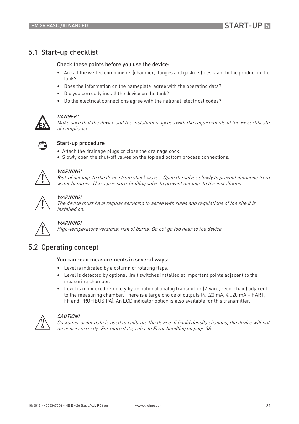 Start-up, 1 start-up checklist, 2 operating concept | KROHNE BM 26 BASIC_ADVANCED EN User Manual | Page 31 / 96