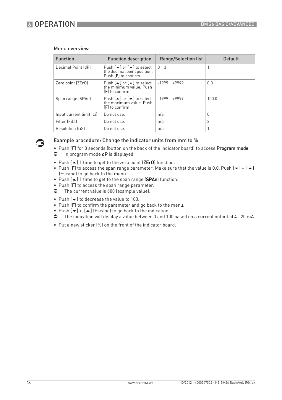 Operation | KROHNE BM 26 BASIC_ADVANCED EN User Manual | Page 36 / 96