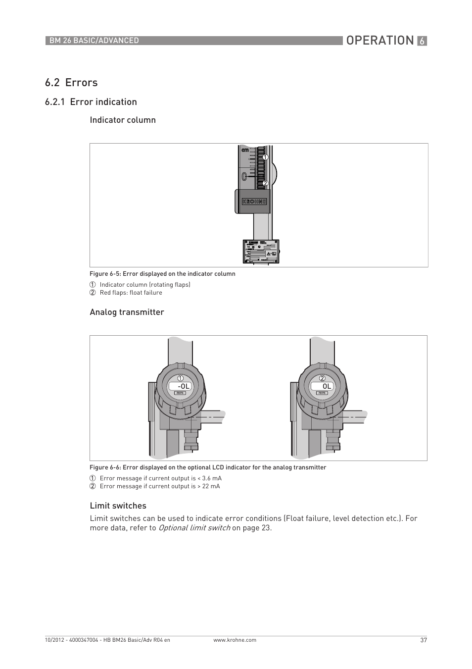 Operation, 2 errors, 1 error indication | KROHNE BM 26 BASIC_ADVANCED EN User Manual | Page 37 / 96