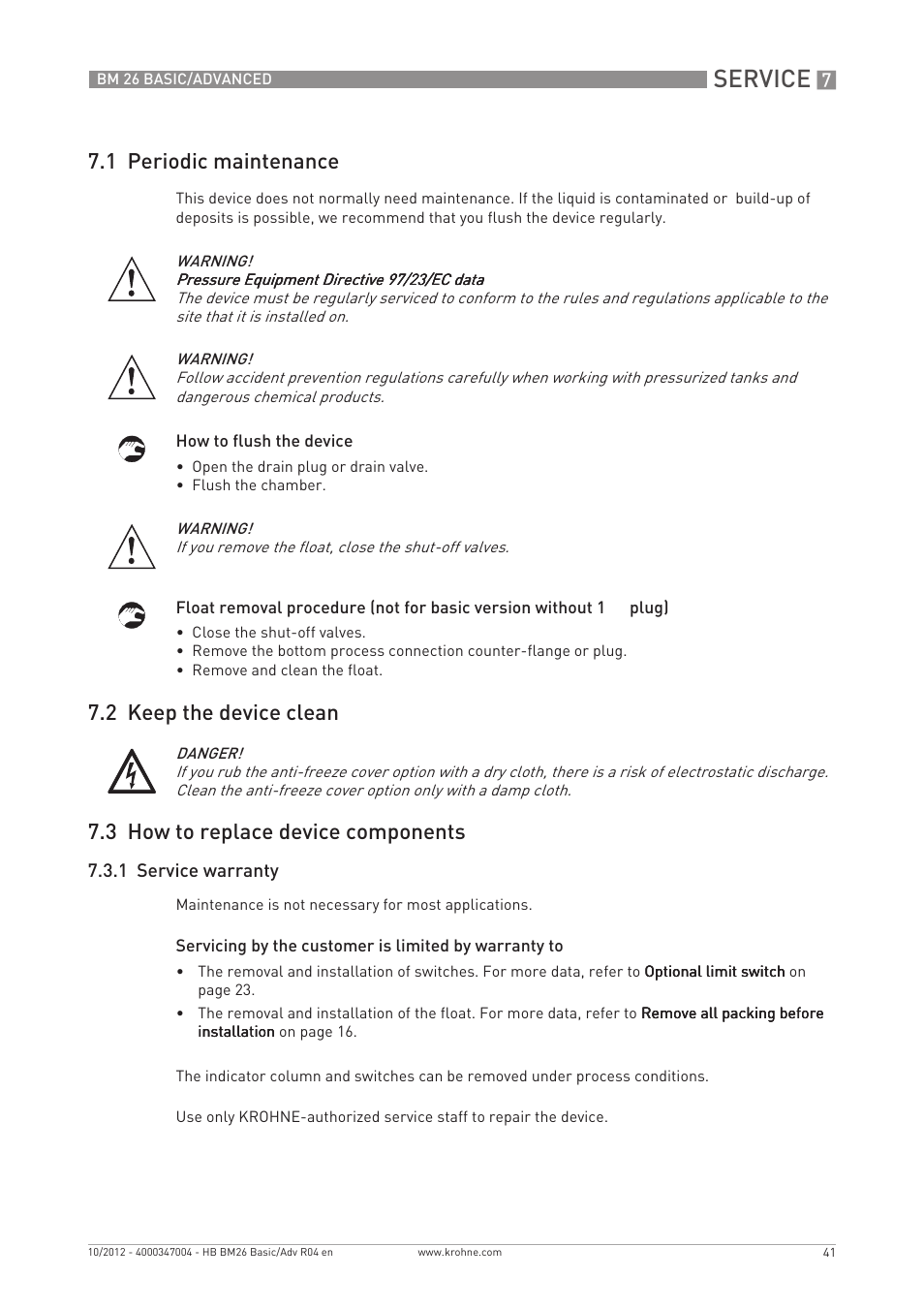 Service, 1 periodic maintenance | KROHNE BM 26 BASIC_ADVANCED EN User Manual | Page 41 / 96