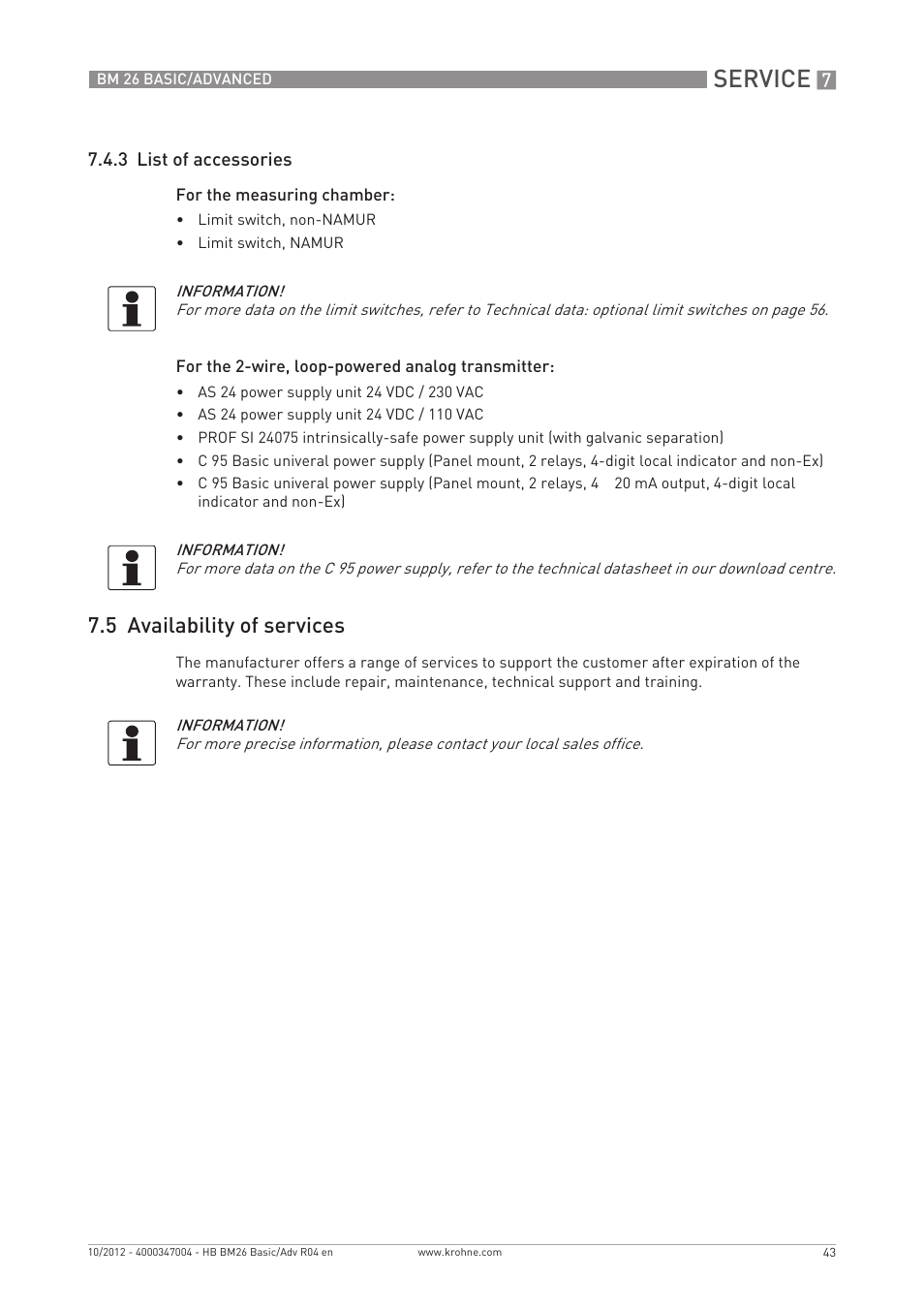Service, 5 availability of services | KROHNE BM 26 BASIC_ADVANCED EN User Manual | Page 43 / 96