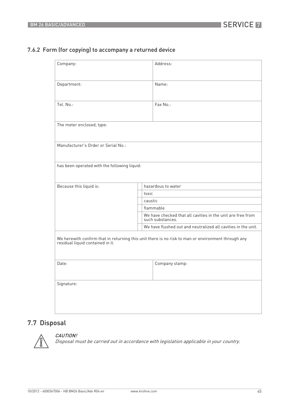 Service, 7 disposal | KROHNE BM 26 BASIC_ADVANCED EN User Manual | Page 45 / 96
