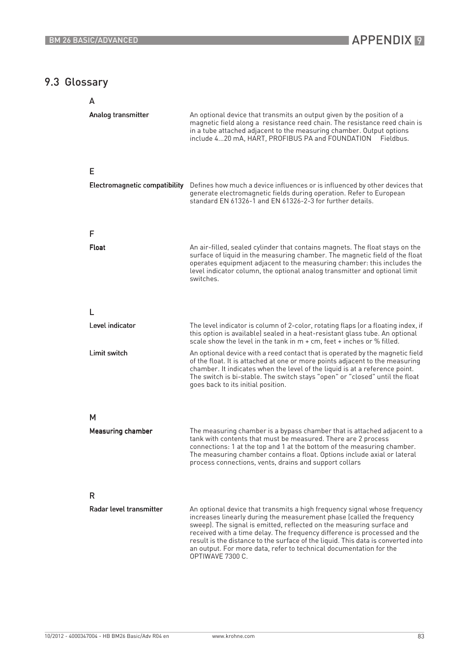 Appendix, 3 glossary | KROHNE BM 26 BASIC_ADVANCED EN User Manual | Page 83 / 96