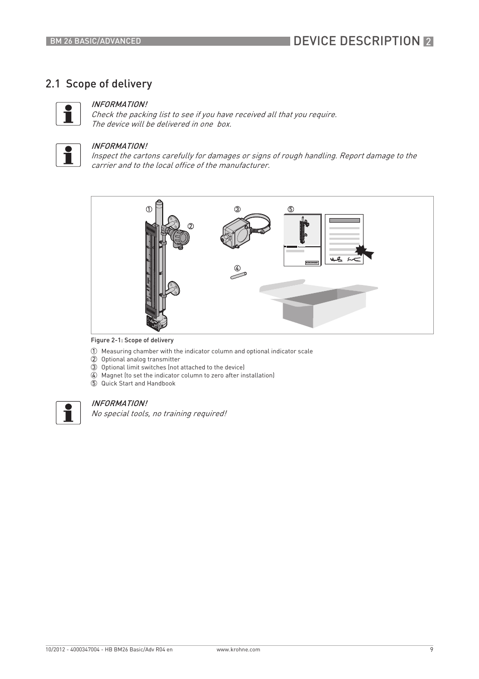 Device description, 1 scope of delivery | KROHNE BM 26 BASIC_ADVANCED EN User Manual | Page 9 / 96