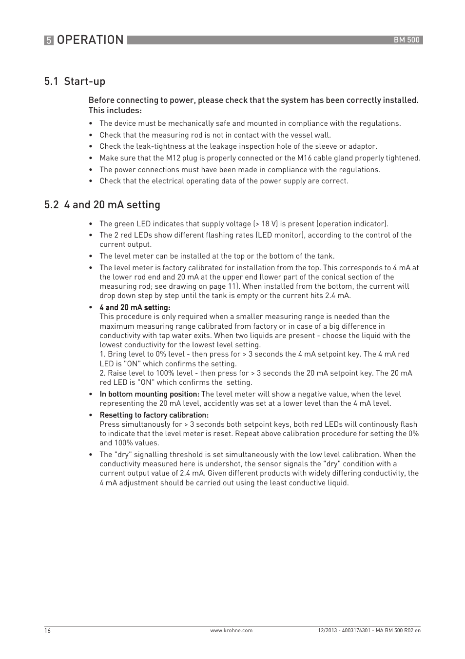 Operation, 1 start-up, 2 4 and 20 ma setting | KROHNE BM 500  EN User Manual | Page 16 / 28