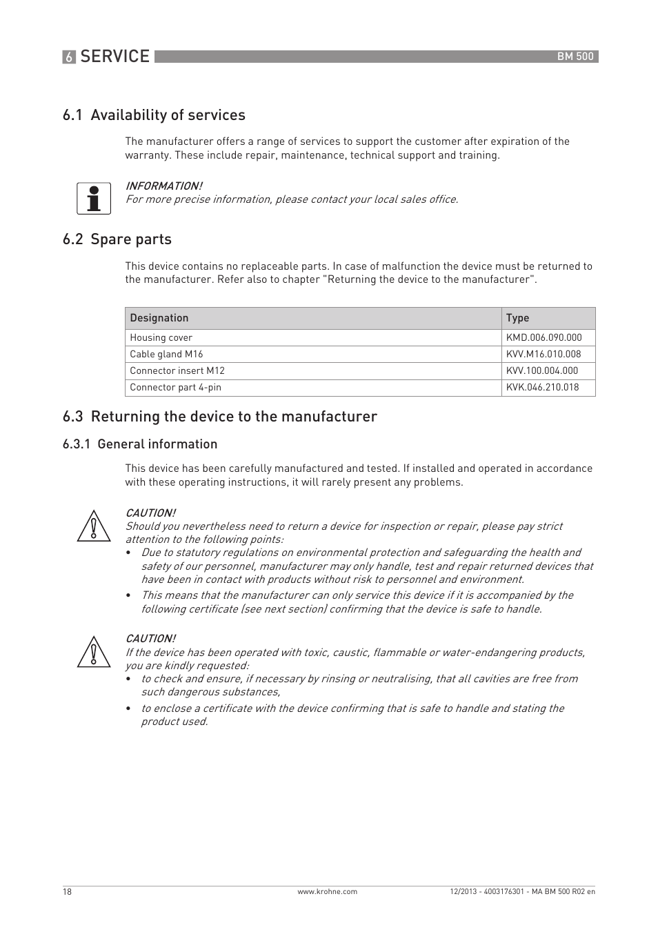 Service, 1 availability of services, 2 spare parts | 3 returning the device to the manufacturer | KROHNE BM 500  EN User Manual | Page 18 / 28