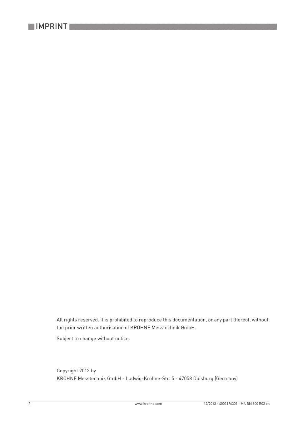 Imprint | KROHNE BM 500  EN User Manual | Page 2 / 28