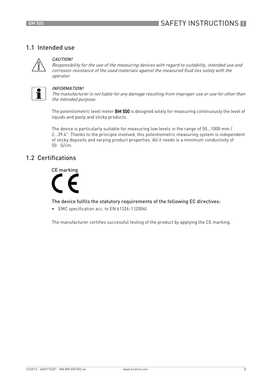 Safety instructions, 1 intended use, 2 certifications | KROHNE BM 500  EN User Manual | Page 5 / 28