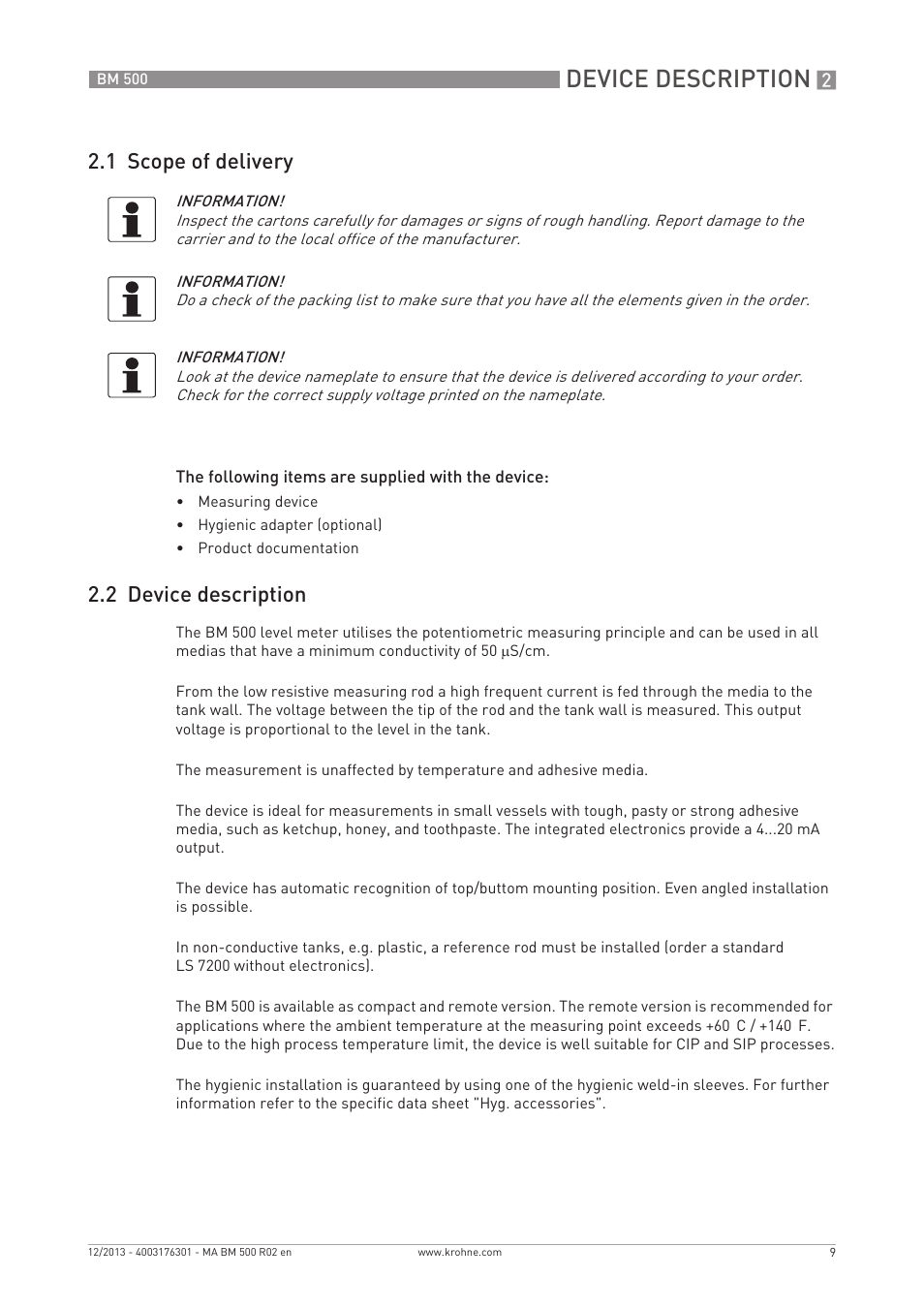 Device description, 1 scope of delivery, 2 device description | KROHNE BM 500  EN User Manual | Page 9 / 28