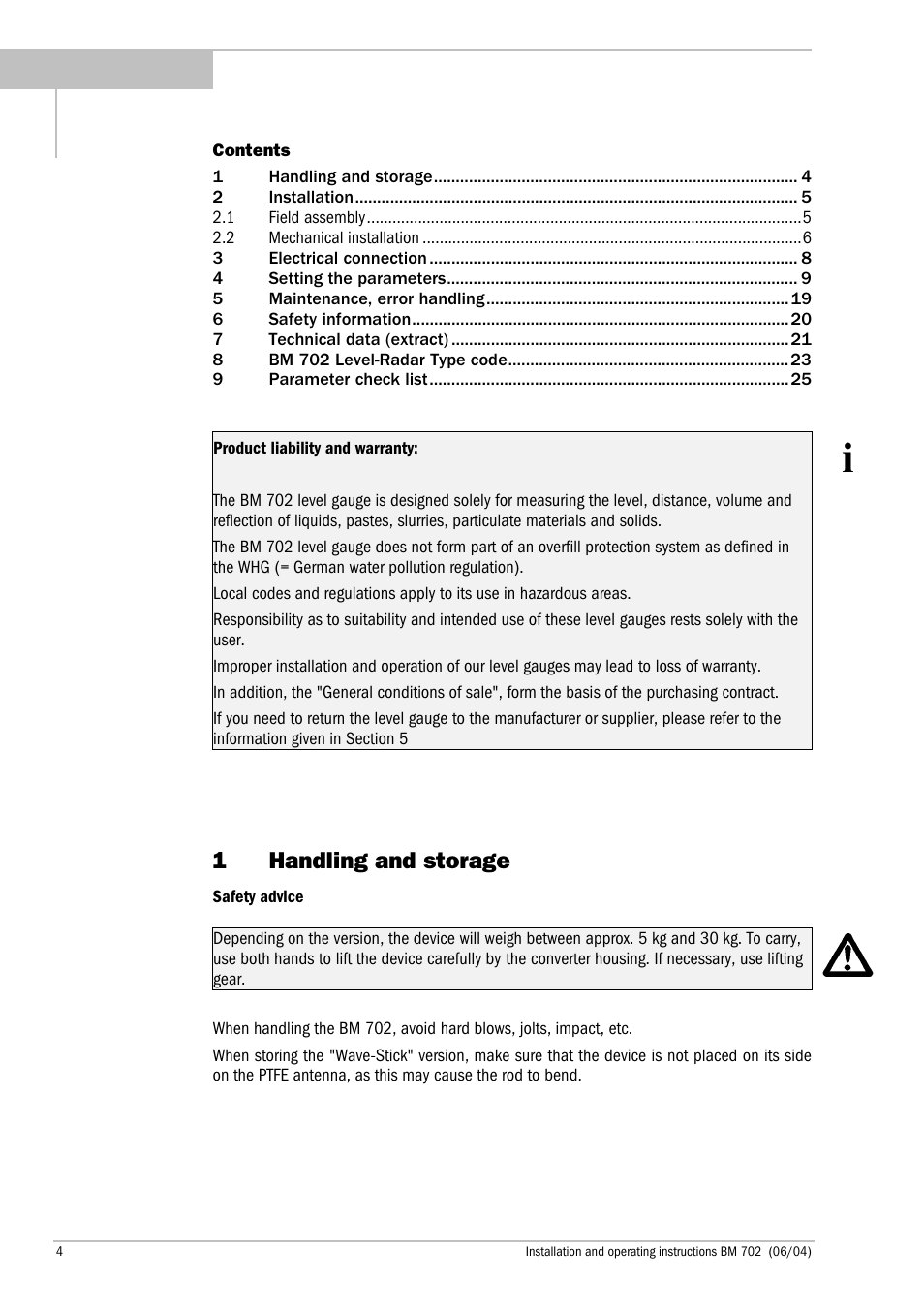 1handling and storage | KROHNE BM 702 EN User Manual | Page 4 / 28