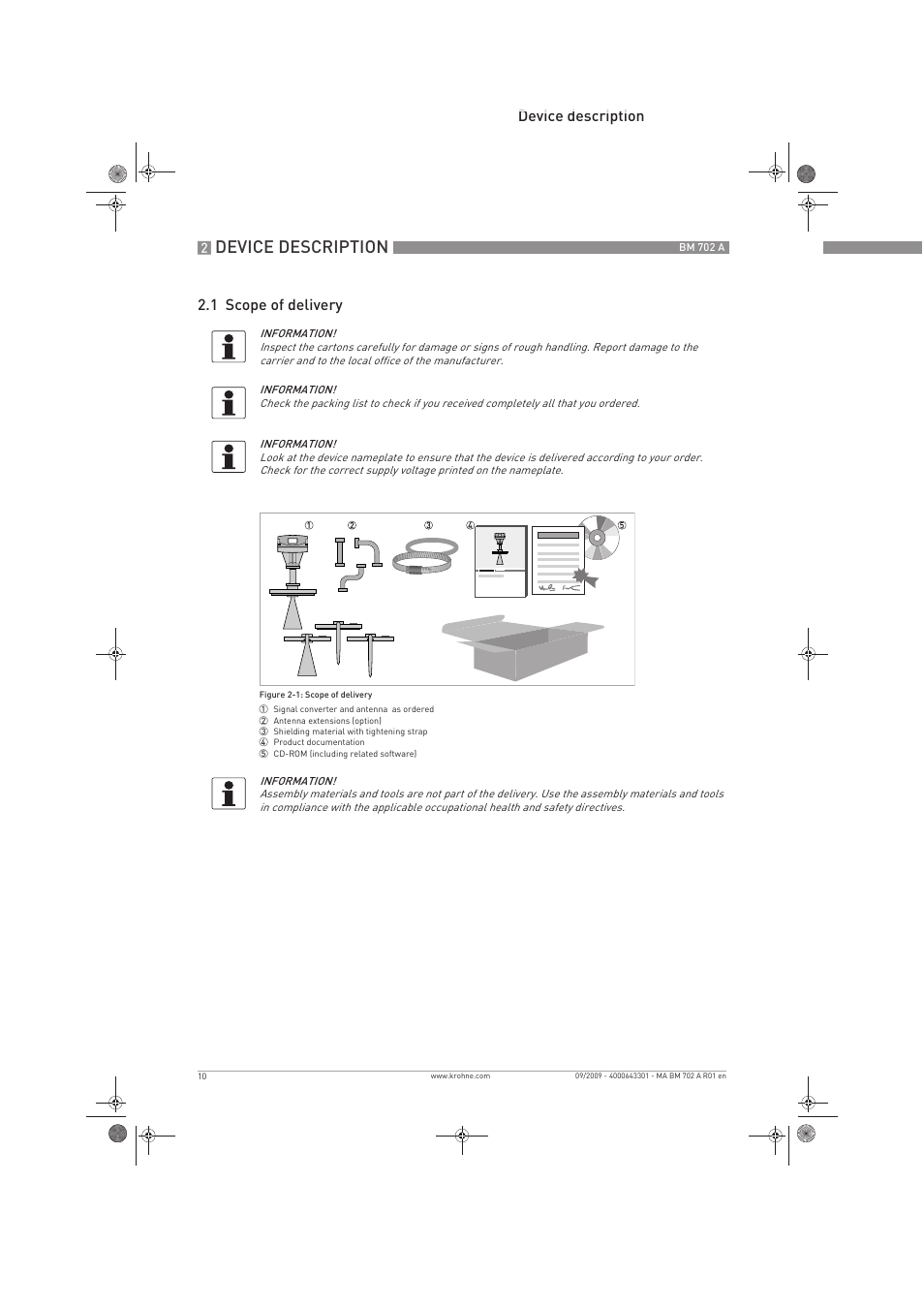 Device description, Device description 2.1 scope of delivery | KROHNE BM 702 A EN User Manual | Page 10 / 60